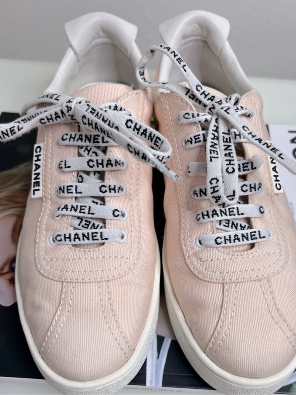 CHANEL Blush Pink Canvas Low-Top Sneakers with Branded Laces